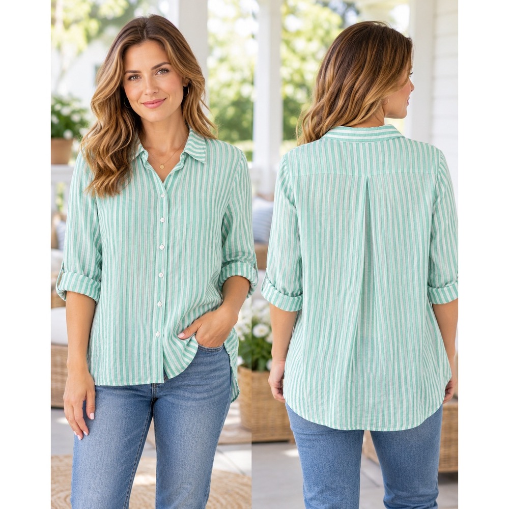 Tommy Bahama Womens XL Linen Striped Button Down Shirt Green White Coastal